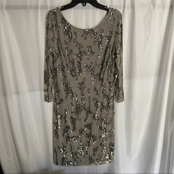 NEW Adrianna Papell Embellished 3/4 Sleeve Sheath Dress in SILVER‎ [SZ 6 ] - Picture 5 of 12